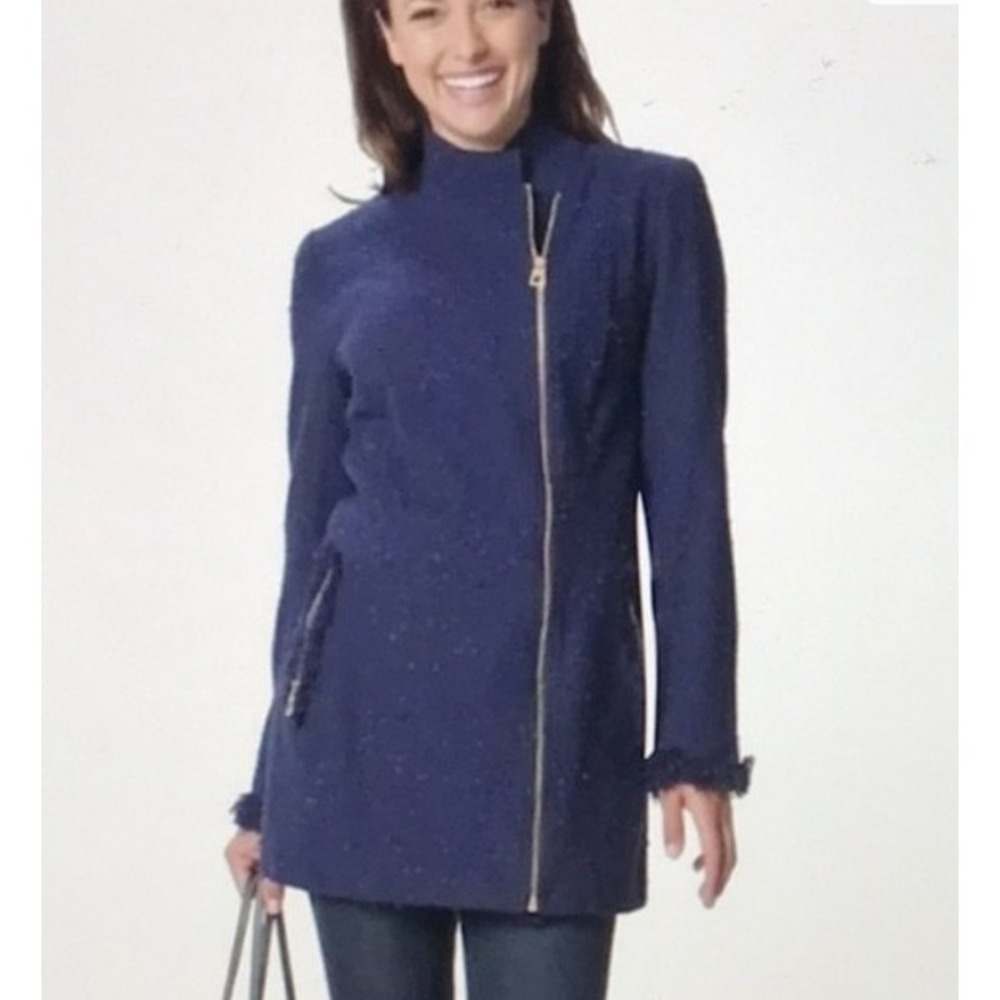 SST Sail to Sable Navy Tweed Coat Asymetrical Gold‎ Zipper Women SZ XS office